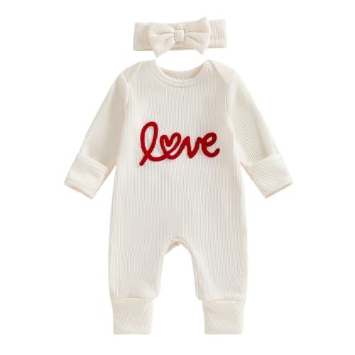 Amnnchya Newborn Baby Girl Valentines Outfit Cute Love Romper Waffle Long Sleeve Ruffle Jumpsuit Infant Girls Spring Clothes (Apricot 6-12 Months)