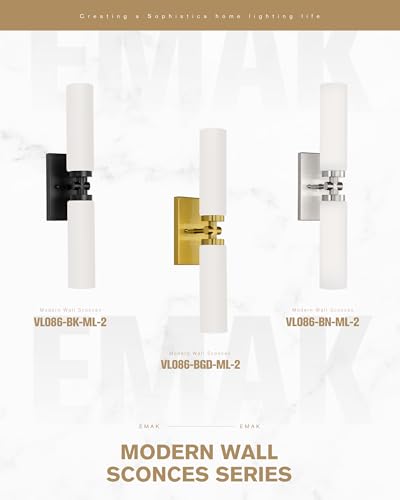 Image of Emak 21 Inch Brushed Gold Bathroom Light Fixtures, 2-Light Vanity Lights with Milk Glass Shade, Modern Wall Sconce for Bathroom, Mirror, VL086-BGD-ML-2