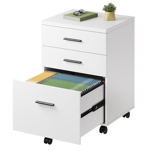 DEVAISE 3 Drawer File Cabinet for Home Office, Wood Under Desk Filing Cabinet, Rolling Printer Stand with Wheels, White