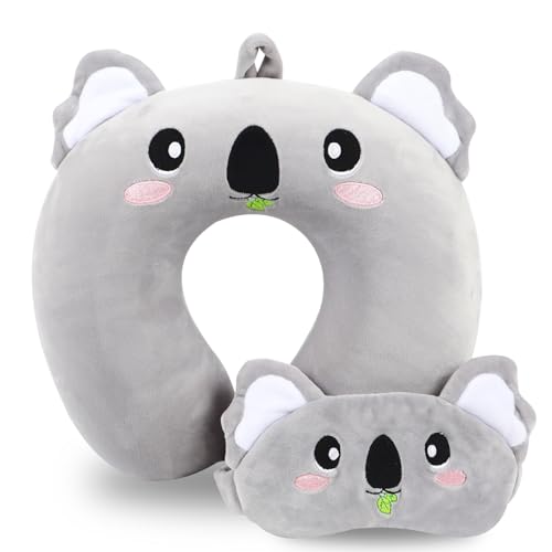 Image of Travel Pillow, Kids Travel Pillow with Sleep Eye Mask Soft Memory Foam Kids Neck Pillow for Boys & Girls, Travel Accessories for Car Airplane Traveling - Koala