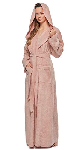 Arus Women's Princess Robe Ankle Long Hooded Lightweight Turkish Cotton Bathrobe Misty Rose Medium