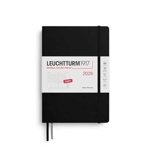 Agenda semanal LEUCHTTURM1917 A5 2026 negra en inglés para organización personal