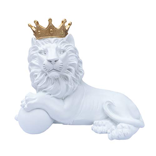 Artgenius 9.8" Lucky Feng Shui Crown Lion Statue Sculpture Home Office Decoration,Modern Lion Catching Ball Statue (Sit-White) #TOP13