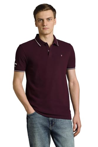 Image of Louis Philippe Men's Slim Fit Single-Tuck Pique Stylized Sleeve Print and Contrast Tipping Half Sleeve Solid Polo Tshirt