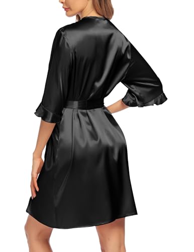 Image of Ekouaer Women's Satin Robe Valentines Lingerie for Women Kimono Bathrobe Short Ruffle Belted Robes Bridesmaids Sleepwear