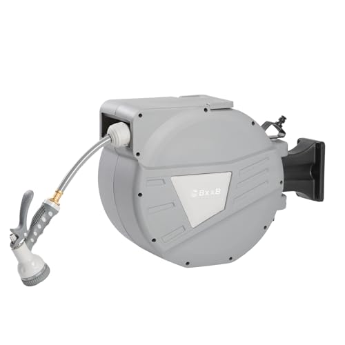 BxxB Retractable Garden Hose Reel,1/2 in x 130ft Wall Mounted Hose Reel, Optional Position Lock，Slow-Retract System，Wall Mounted，180°Swivel Bracket，Light Grey