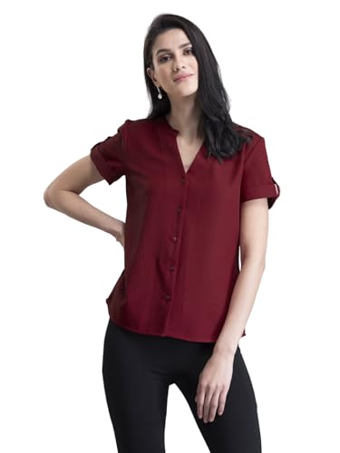 Image of FableStreet Women Formal Top | Asymmetrical Button Placket Band Collar Three-Quarter Sleeves | Pure Cotton Smooth Fabric for Office & Workwear