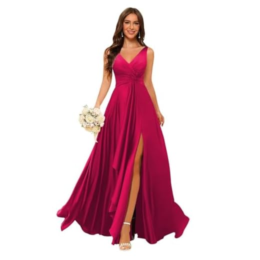 Stylefun Vestidos de madrinha de casamento de cetim com decote em V duplo para mulheres, longos com babados, divididos, vestidos formais de festa com bolso CYM185, Fúcsia, 40