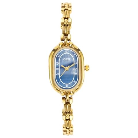 TOOCAT Women's Vintage Oval Quartz Watch Women's Pointer Waterproof Watch Fashion Bracelet Dress Watch Luxury Simple Bracelet Compact Gold Watch (Gold Blue) Cover