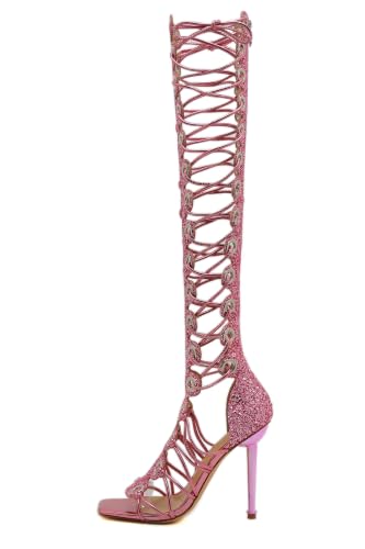 Image of STUPMARY Women Peep Toe Sandals Cut-outs Cross-tied Lace Up High Heeled Gladiator Sandals Zipper Over The Knee Bootie Summer