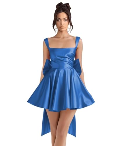 Satin Homecoming Dresses 2025 with Bow Square Neck Short Prom Dress A line Backless Cocktail Party Gowns ABCH107