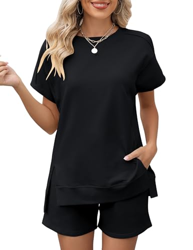 LOMON Womens Fashion 2 Piece Outfits Sweatsuits 2025 Summer Short Sleeve Loungewear Tracksuit Round Neck Lounge Shorts Sets