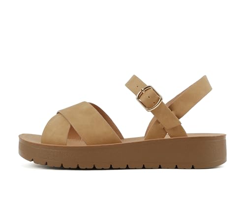 Soda Shoes Women Flat Sandals Flatform Ankle Buckle Criss Cross Band Straps Chester-S Natural Tan 9