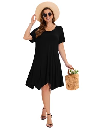 Image of ZENNILO Plus Size Tshirt Dress with Pockets Casual Summer Dresses Crew Neck Short Sleeve Swing Dress for Women