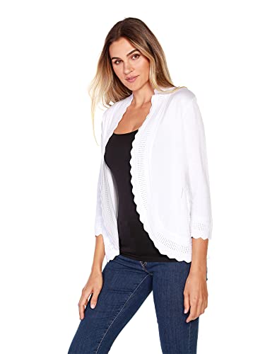 Women's Lightweight Cardigan Shrug With 3/4 Sleeves And Scalloped Edging White #TOP3