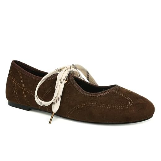 Yellhum Lace up Ballet Flats for Women Mary Jane Flats Round Toe Cute Slip on Soft Casual Ballerina Shoes Dark Brown