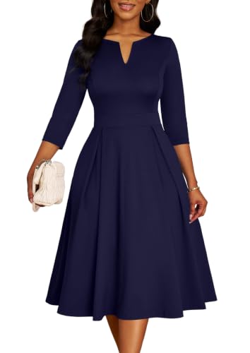 Image of Nmoder Midi Church Dress for Women A-Line Casual Work Dress | Flattering high-waist, 3 /4 sleeve work wedding guest dress with pockets, back zipper for easy on /off