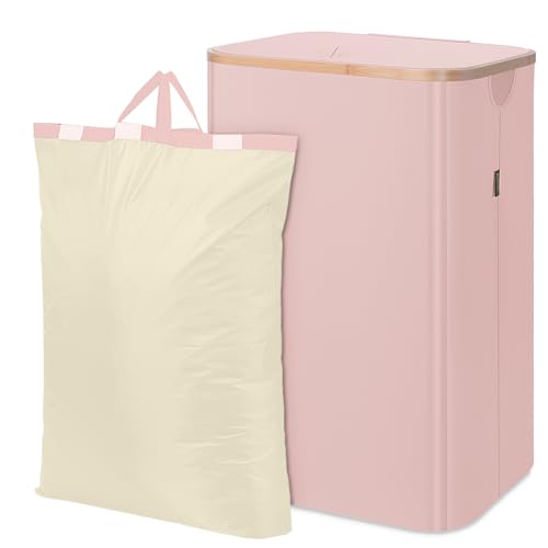 Image of BALEINE Laundry Hamper with Lid, Tall Laundry Baskets with Bamboo Pull Handles, Large Laundry Bin with Internal Support (26 Gal/100L, Pink)