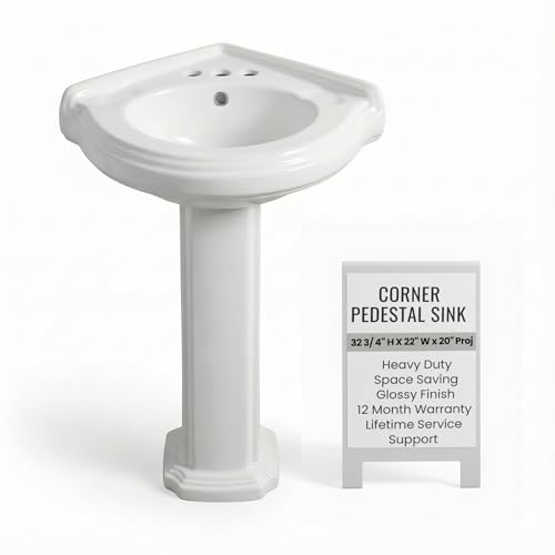 Renovators Supply Portsmouth 22" Corner Pedestal Bathroom Sink - White Grade A Vitreous China Porcelain, Heavy Duty, Space Saving Pedestal, Overflow, Pre-Drilled 4" Centerset Faucet Holes, Easy Clean