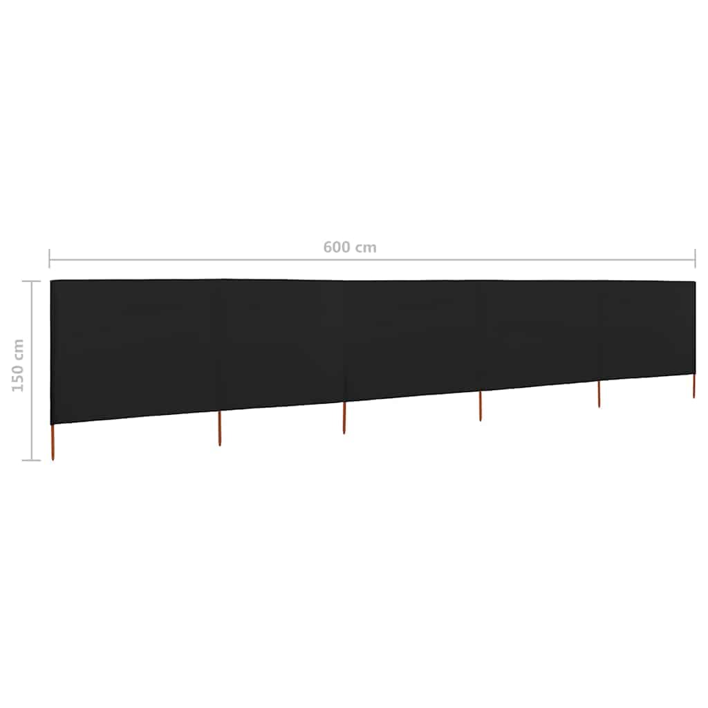 Składana wiatrówka 5 paneli włóknina czarna 600x120 cm | Ochrona przed wiatrem, drewniane słupki, do użytku na plaży i na zewnątrz, trwałe