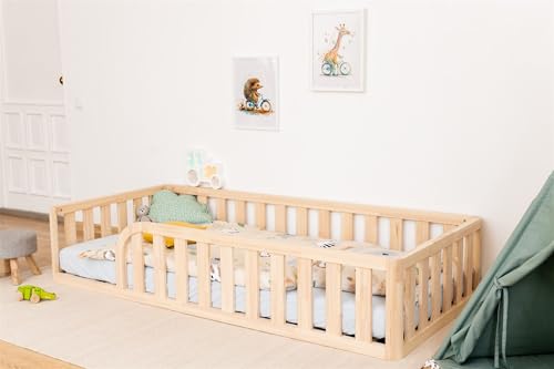 Mandrele - Montessori Bett, Bodenbett mit Lattenrost, Rausfallschutz Bett, Kinderbett, Holzbett mit Bettgestell für Jungen und Mädchen, 120x200 cm, Natur