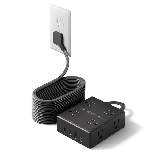 Image of 20Ft Long Extension Cord, Flat Plug Power Strip Surge Protector, 8 Outlet 4 USB Ports (2 USB C), Wall Mountable, Desk Charging Station for Home Office, College Dorm Room Essentials (Black)
