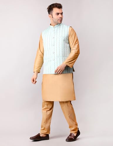 Image of Men's Cotton Silk Blend Regular Kurta Pyjama, Embroidered Nehru Jacket /Waistcoat Set