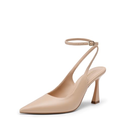 DREAM PAIRS Womens Slingback Heels Pointed Toe Block Heel Pumps Closed Toe Adjustable Strap Office Work Dress Shoes for Daily Wear Size 9 Nude SDPU26016W
