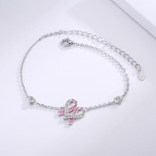 Sterling Silver Breast Cancer Awareness Bracelet Pink Ribbon Bracelet for Women Jewelry Strength Gifts for Cancer Survivors3
