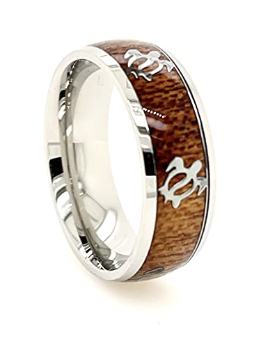 HPJ Beautiful Hawaiian Ocean Sea Turtle With Natural Koa Wood Silver Stainless Steel Ring 8mm Band men and Women Size 6-13