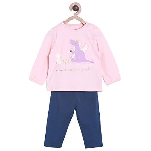 Image of miniklub Girls Pink & Navy Blue Printed T-Shirt With Pyjamas