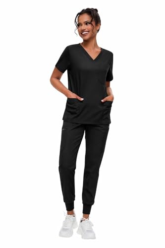 MEDSKIN Performance Scrubs Set for Women - Stretch V-Neck Scrub Top & Jogger Trouser Pants with 8 Pockets (Black XL)