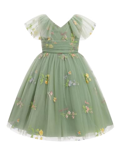 IMEKIS Girls Embroidered Flower Tulle Dress Kids Princess Formal Party Evening Pageant Dresses 2-7T