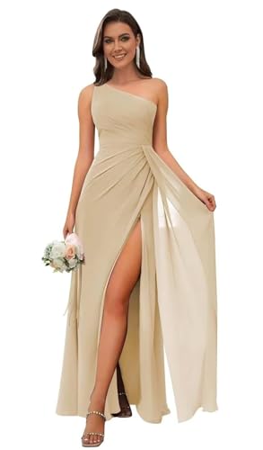 Image of Bolodoo One Shoulder Bridesmaid Dresses for Women Ruched Chiffon A Line Evening Formal Gown with Slit