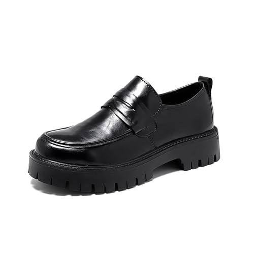 Men's Soft Leather Slip-On Platform Penny Loafers Comfortable Round Toe Lug Sole Chunky Heel Dress Shoes Fashion Retro Business Work Shoes