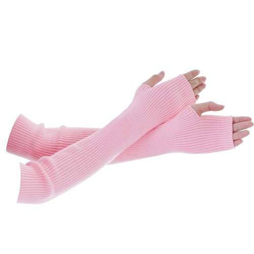 Tongcloud Arm Warmers Winter Fingerless Long Gloves for Women for Women with Thumb Hole (Pink 15.8inches)