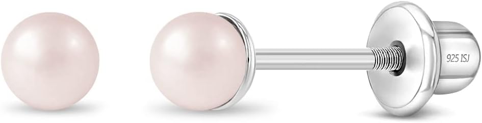 In Season Jewelry Pink Simulated Pearl Kids Earrings - 925 Sterling Silver Hypoallergenic Earrings for Girls with Safety Screw Backs - Safe & Comfortable for Toddlers, Kids & Little Girls, 3mm-5mm