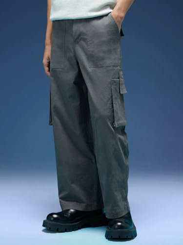 Image of Veirdo Baggy Fit with Button Closure Solid Lycra Woven Cargo Pants for Men (Colors: Beige, Black, Brown, Grey, Navy & Olive)