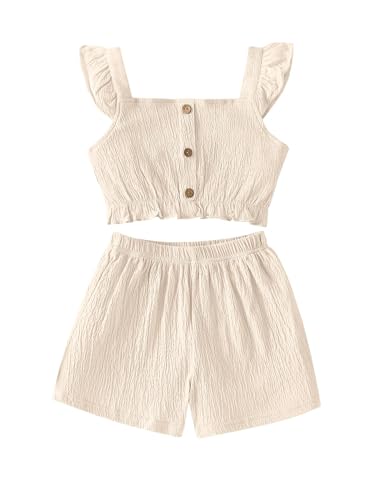 Image of Girl's Summer Clothing Sets Knit Ruffle Striped T-Shirt and Shorts 2 Piece Outfits