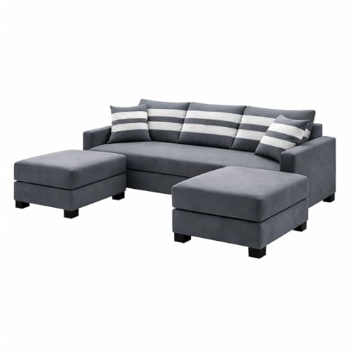 Image of Kassian 5 Seater L Shape Sofa Set with 2 Movable Ottomans | Flexible Layout | Rich Velvet Suede Fabric | Silver Legs | Modern Sofa for Living Room (Dark Grey)