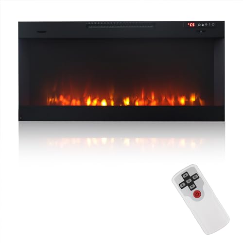 42 Inch Electric Wall Mounted Fireplace with Remote Control, 1500W Heater and Linear Flame with Timer, Adjustable Color and Speed