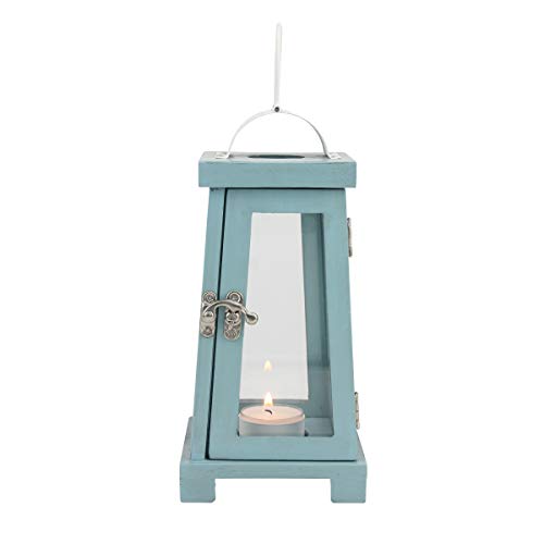 Stonebriar Coastal Worn Blue Wooden Tea Light Candle Lantern with Handle - Image 2
