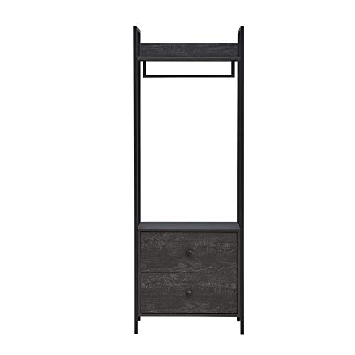 Timber Art Design UK Zahra Bedroom Open Wardrobe with Hanging Rail and 2 Drawers Modern Furniture Cupboard Storage Organizer Unit For Bedroom, Living Room, Black, H180cm x W63.8cm x D40cm