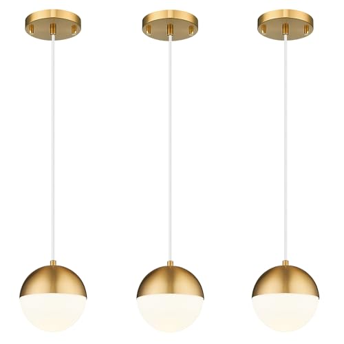 LMS Mid Century Pendant Lights, Brushed Gold Kitchen Island Light Fixtures with White Globe Glass Shade, Adjustable Hanging Cord, 3-Pack for Home Office Dining Room Bathroom, LMS-186PL-BGWS3PK