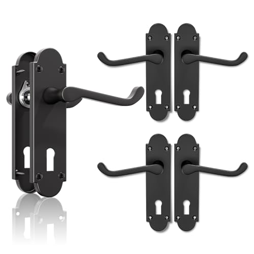 Image of Bwintech 3 Sets Matt Black Richmond Lever on Plate, Latch Furniture, Backplate Door Handles, with Keyhole, Suitable for Wooden Doors