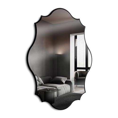 32″x24″ Scalloped Wall Mirror, Wooden Framed Decorative Mirror for Livingroom Bedroom Bathroom Entryway Fireplace Mantle, Horizontally or Vertically Wall Mounted, Black, Melfi