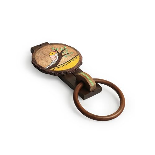 Image of ExclusiveLane 'Singing Bird' Wooden Towel Ring Holder for Wash Basin | Handpainted Towel Hanger for Bathroom Towel Holder Kitchen Towel Holder for Wash Basin Towel Ring (Mango, Teak & Sheesham Wood)