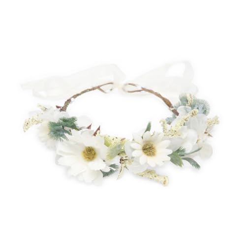 Image of Radhu & Kabby White Daisy Floral Hair Tiara for Women | Artificial Flower Crown with Ribbon Tie | Elegant Headpiece for Weddings, Photoshoots, Festivals & Celebrations | Lightweight | 1 Pc