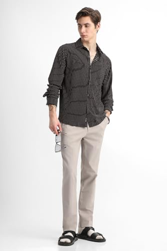 Image of SNITCH Men Casual Plus Size Shirt | Regular Fit Full Sleeve Mandarin Collar Striped Design | Premium Cotton Linen Blend & Breathable Fabric for Office & Everyday Wear