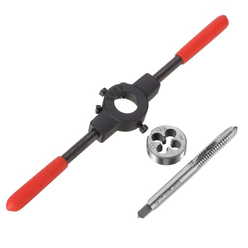 QUARKZMAN Set Matrici Filettatura, 1/4-20 Unc Chiave Impugnatura Filiera Tonda 20mm Manico Plastica, Maschio Filettatura Macchina Acciaio Rapido Utensile per Filettare Filiera Tonda
